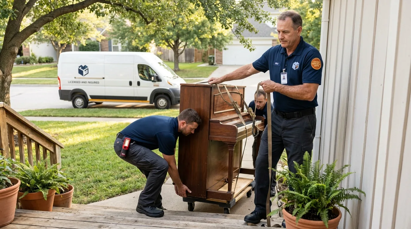 Licensed piano movers securing grand piano in Idyllwild, CA