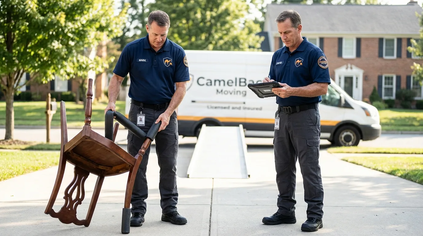 Movers inspecting furniture for damage prevention before loading in Idyllwild, CA