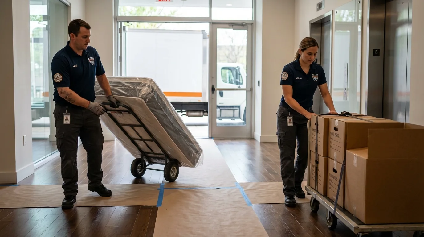 Professional apartment movers loading elevator in Idyllwild, CA